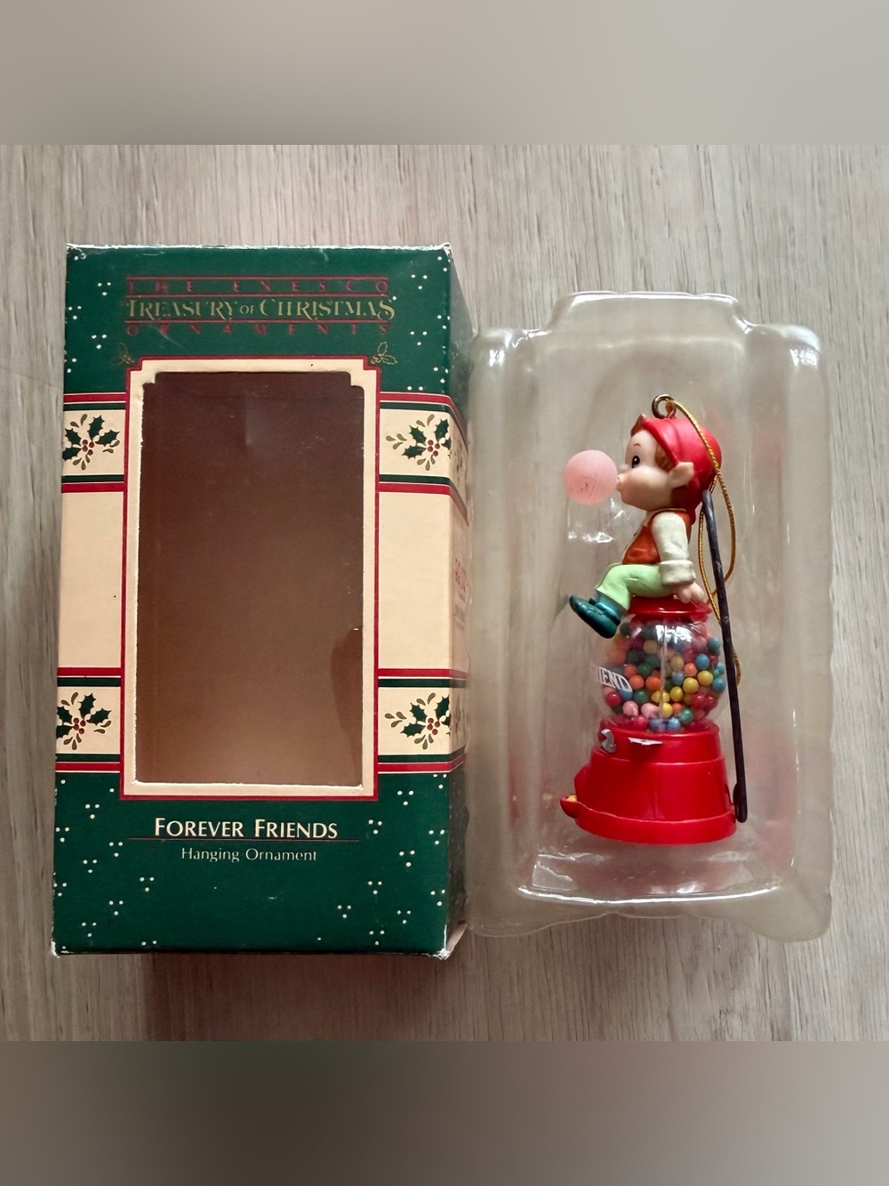 Vintage 1988 Enesco Forever Friends Elf on Gumball Machine Christmas Ornament
